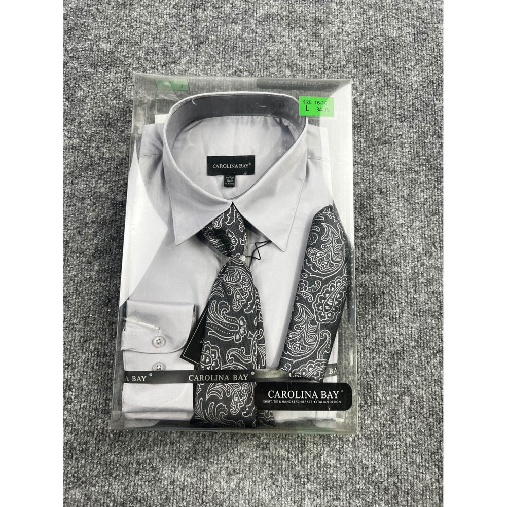 Carolina Bay Mens Dress Shirt Tie Handkerchief Set Grey Paisley Size L 16-16.5